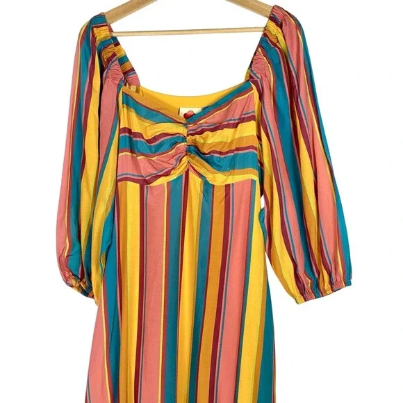 Farm Rio x Anthropologie Sz Small Maxi Dress Stripe Coastal Tropical Puff Sleeve - Picture 4 of 8